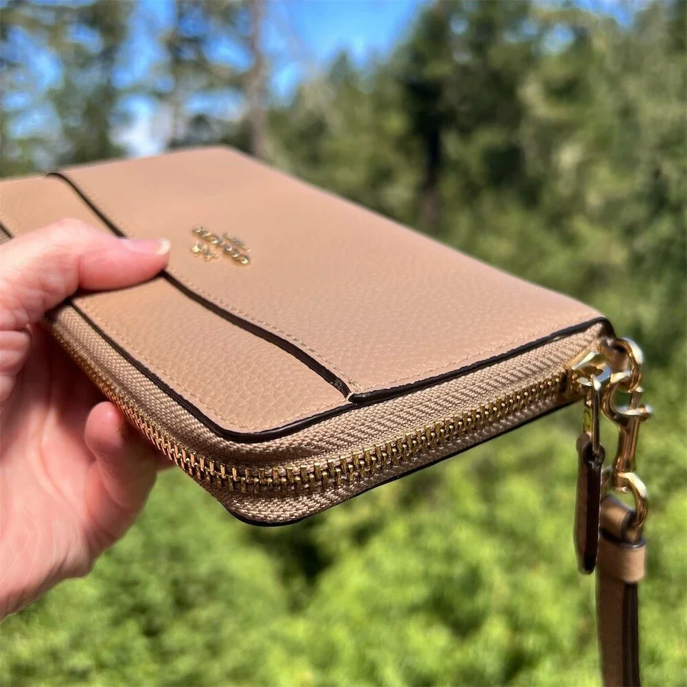 COACH Long Zip-Around Wallet Taupe Pebble Leather Wallet Gold Hardware AUTHENTIC